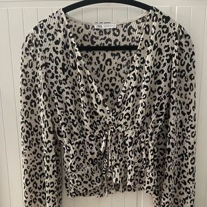Zara Leopard Print Satin Plunging V Rouched Long Sleeve Top